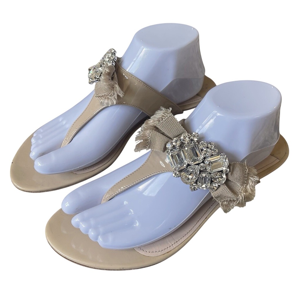 Miu Miu Women 40/9 Patent Tan leather flip flops Crystal Embroidered Bow Sandals